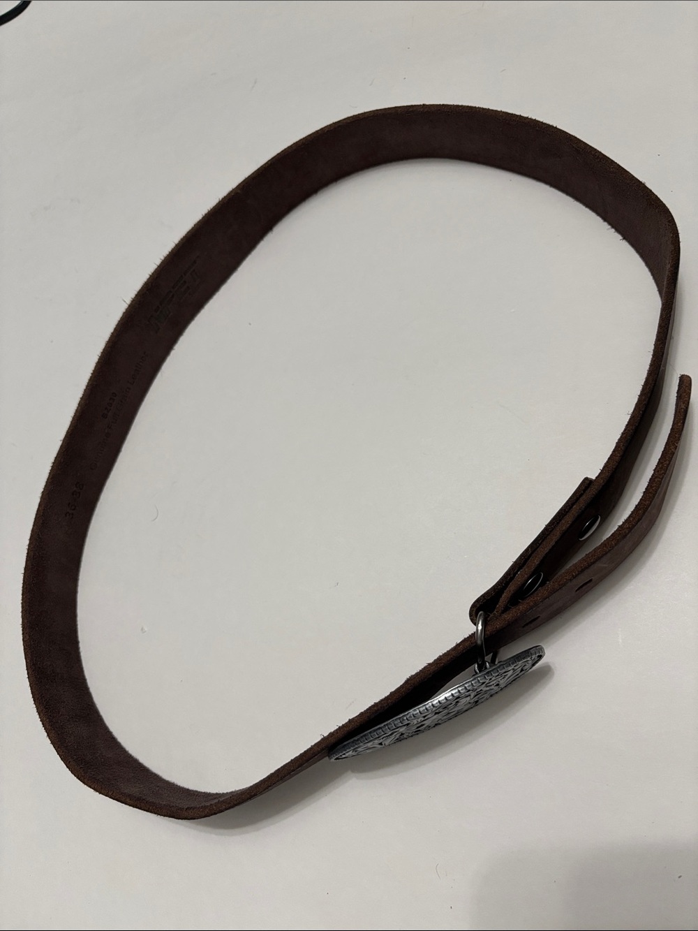 Full Grain Brown Leather Belt with Ornate Silver-Tone Floral Buckle - Picture 11 of 16